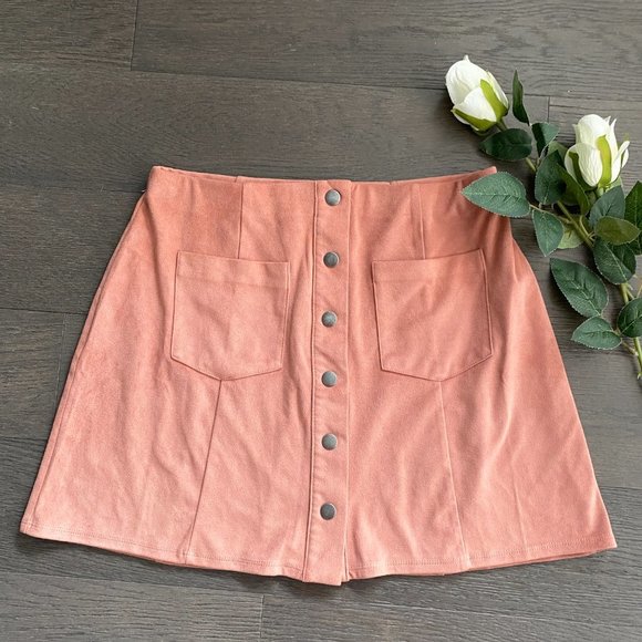 Mini Skirt Suede-like Salmon Pink Snap Buttons - Picture 1 of 4